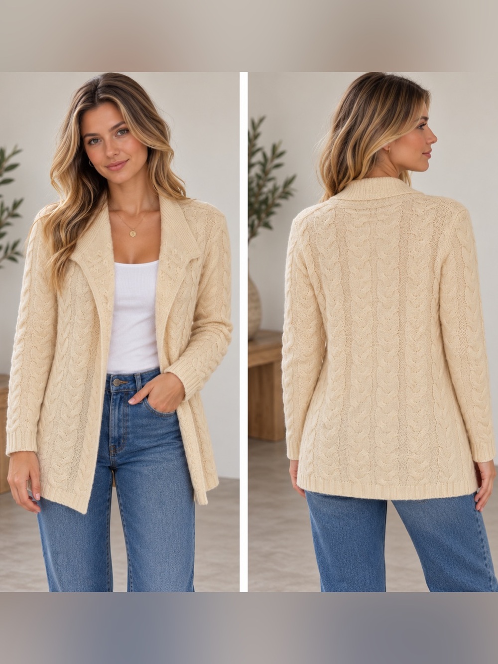 Talbots Size L petite wool Cream heavy Cable-Knit Open Cardigan